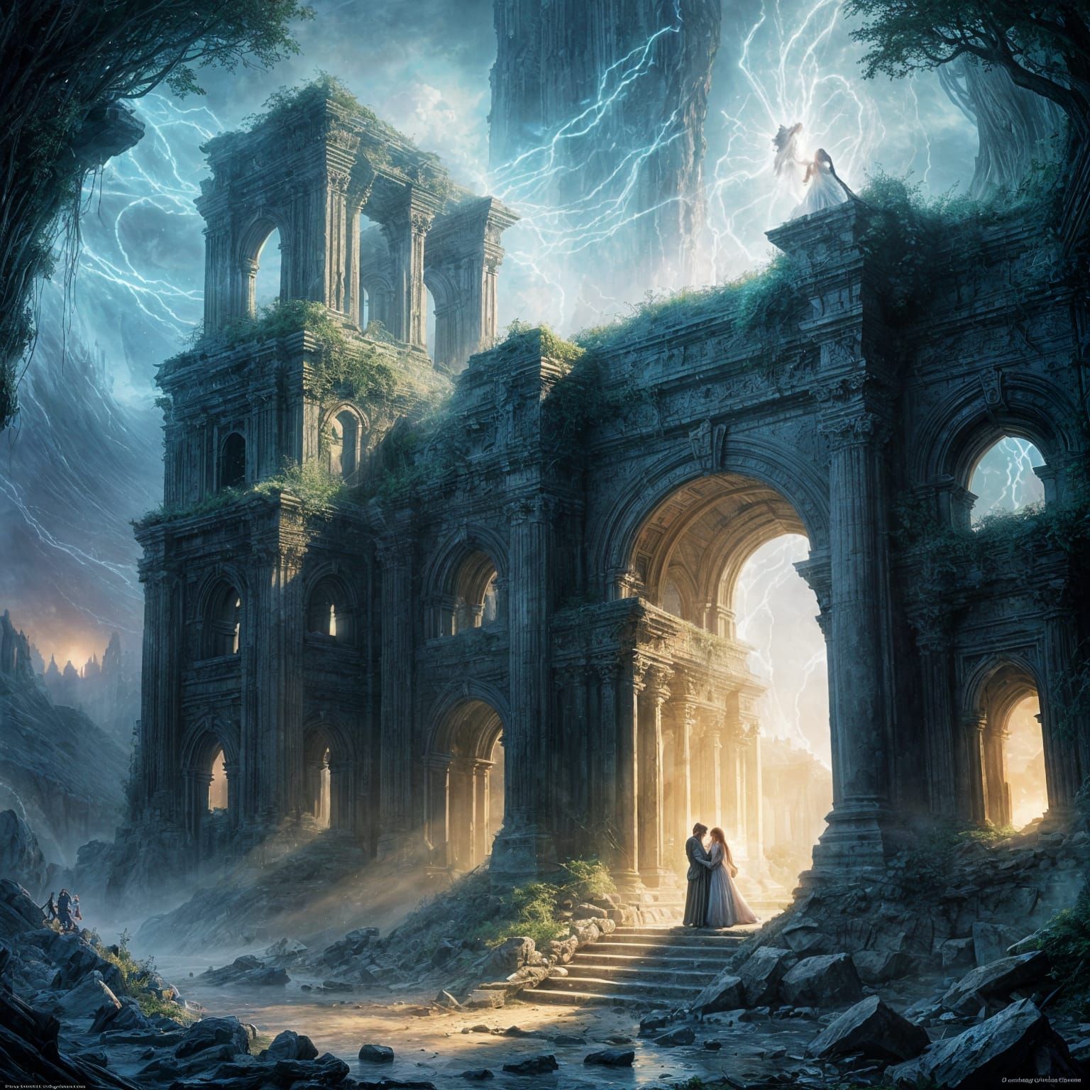 Ethereal Couple Embracing in Glowing Ancient Ruins