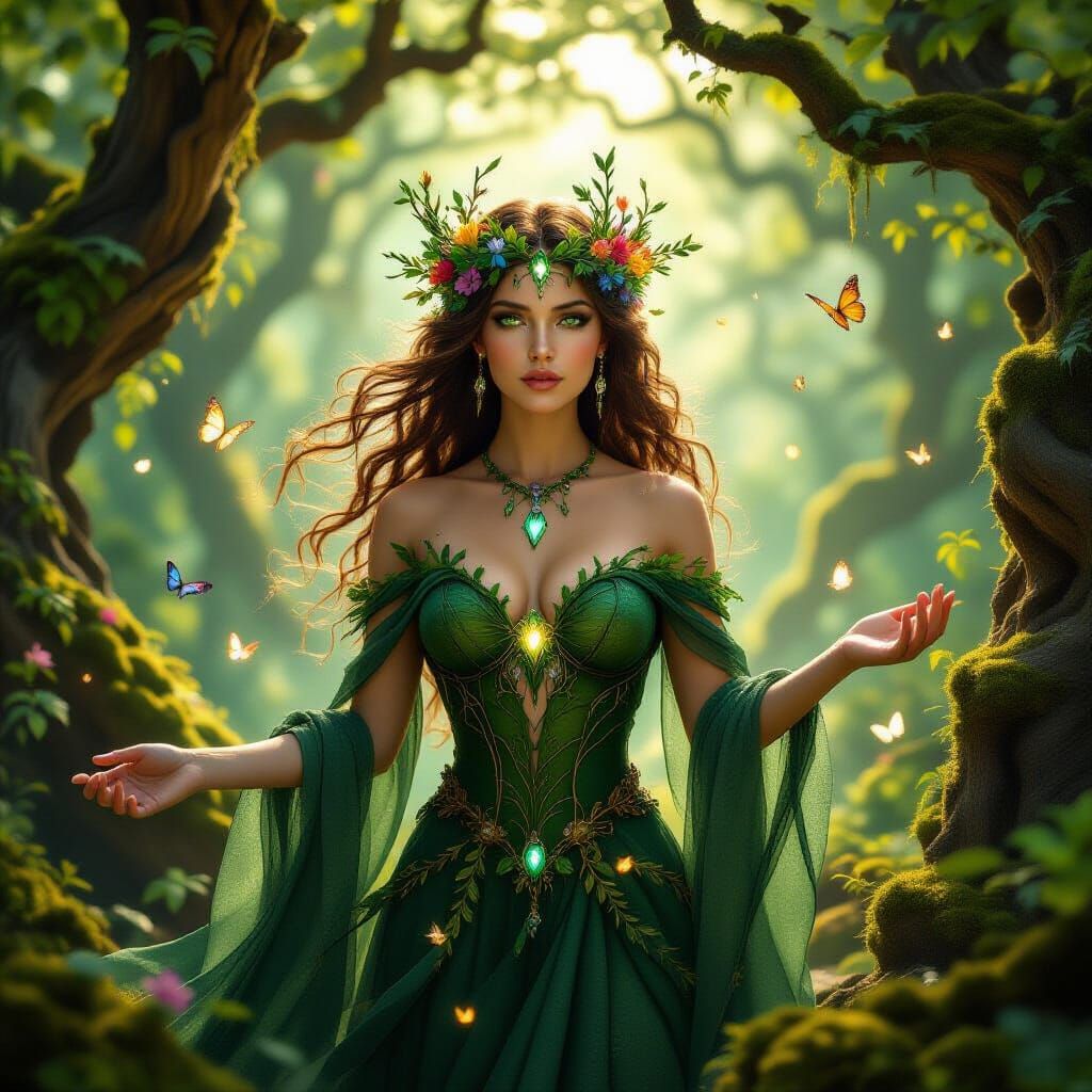 Forest Goddess with Crystal Crown in Sunlit Woods