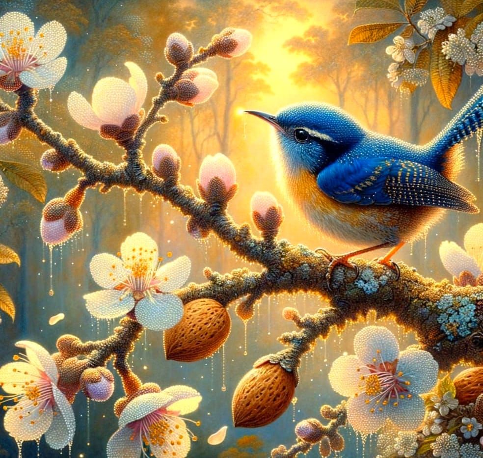 Blue Wren on Almond Blossoms in Dawn Light