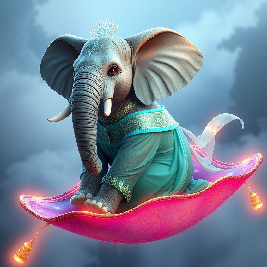Anthropomorphic Elephant on Magic Carpet in 3D Render