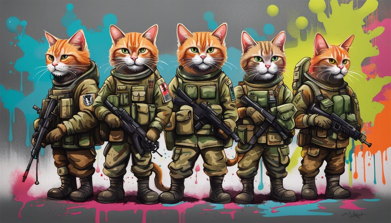 Anthropomorphic Cats in Military Gear Graffiti Art