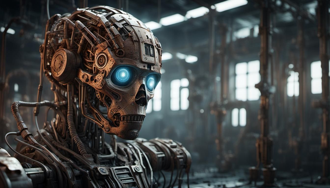 Metallic Humanoid Construct in Abandoned Lab, as Digital Art