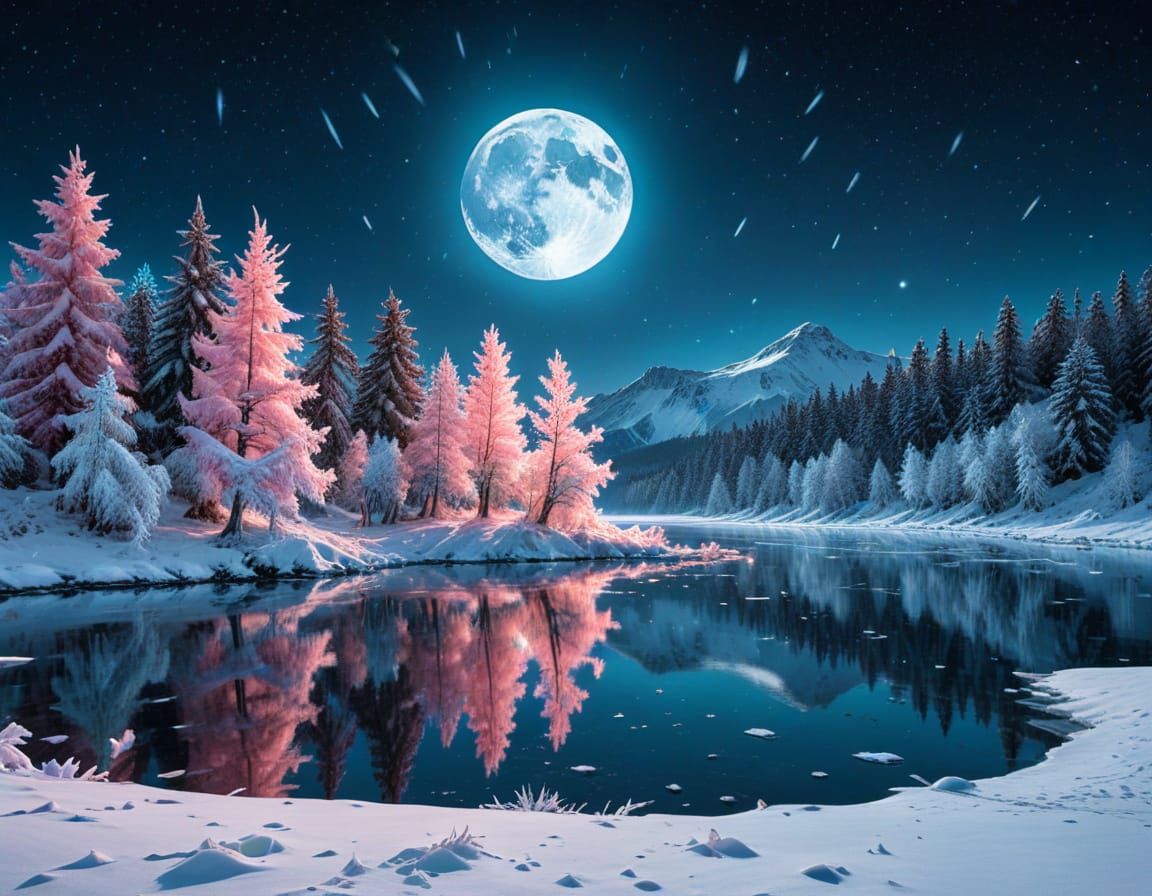 Magical Winter Wonderland With Glowing Pink and Turquoise Mo...