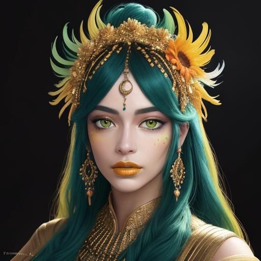 Golden Woman with Peacock Feathers in Abstract Portrait