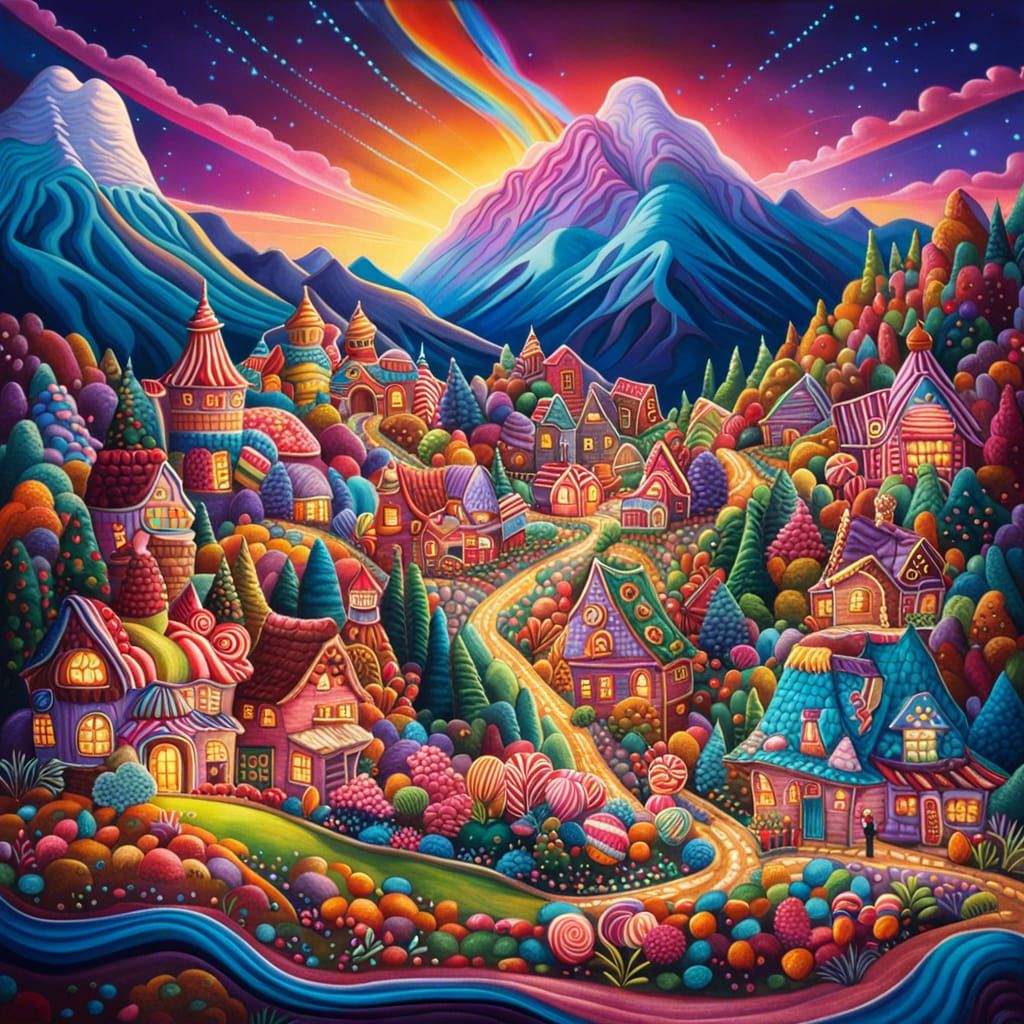 Mountain Town Aurora in Candy Art Style