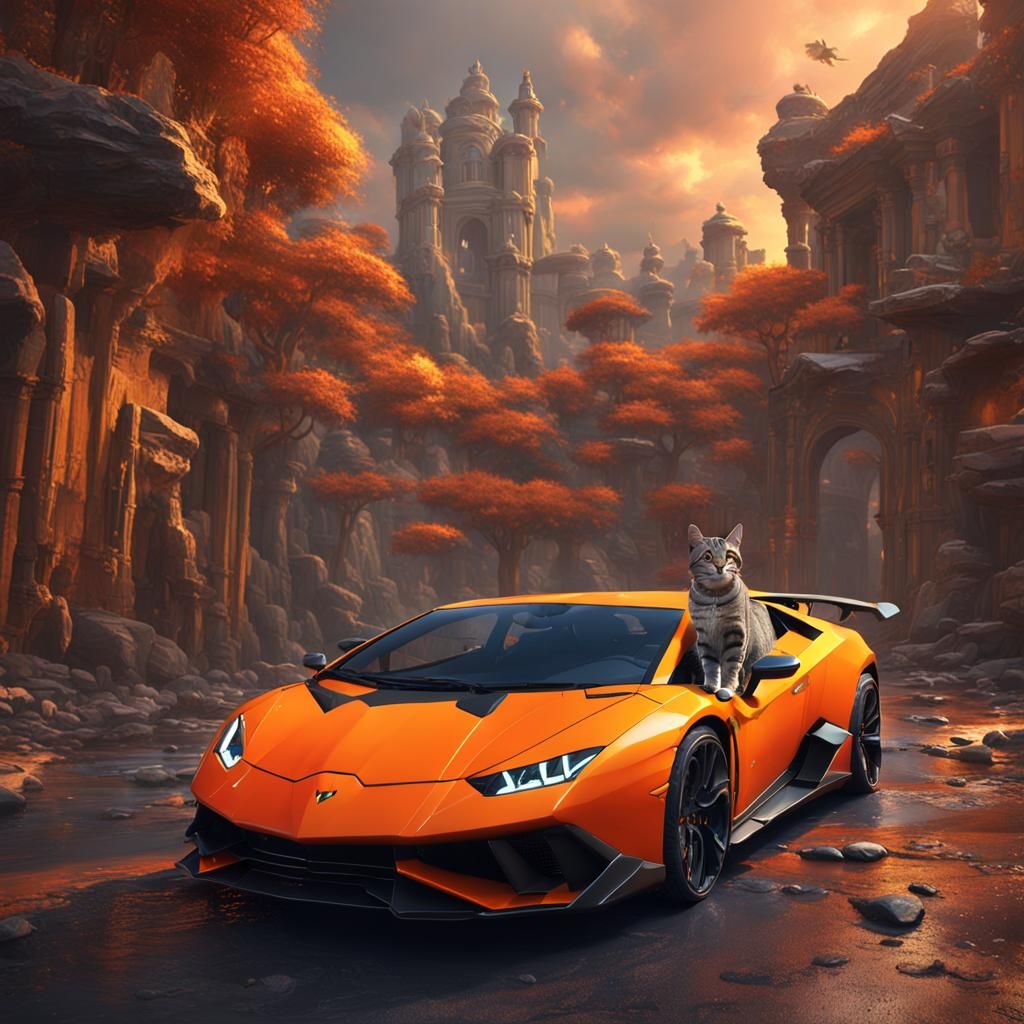 Tabby Cat Rides Orange Lamborghini: Detailed Matte Painting