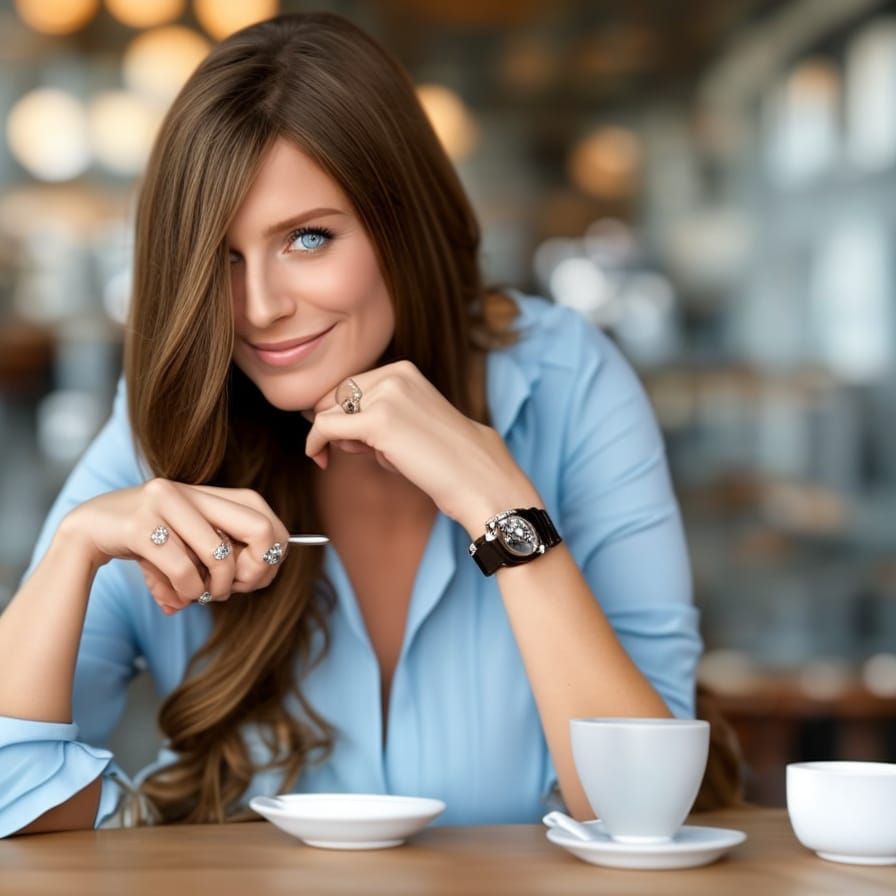 Attractive Woman at Cafe Smiling