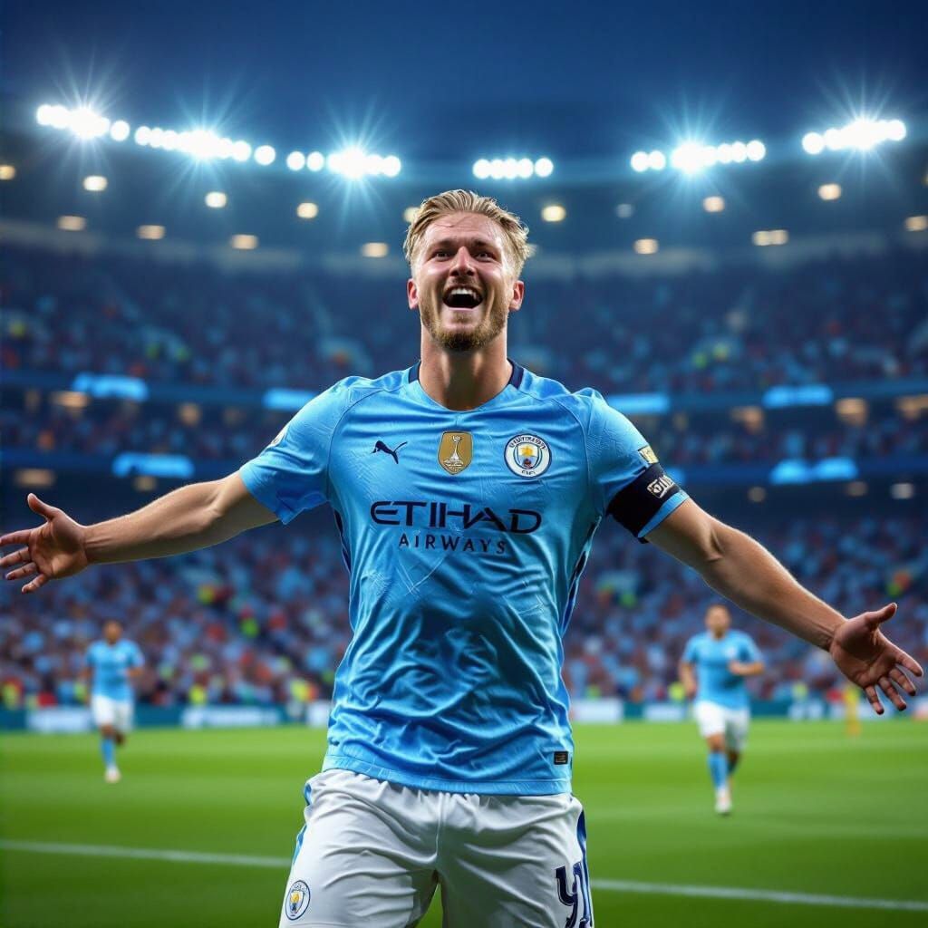 Haaland Scores Goal in Packed Stadium at Night