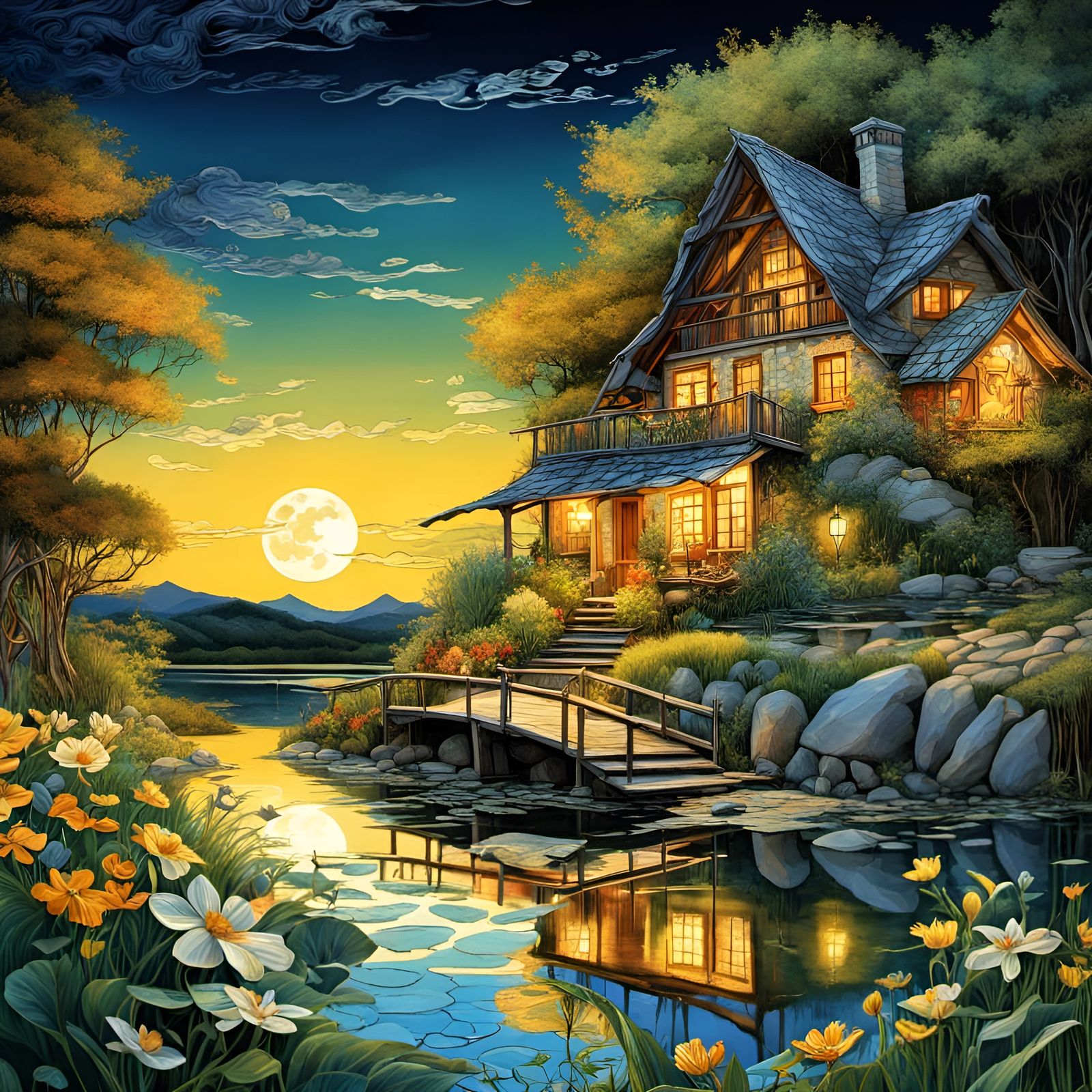 Cozy Cottage Reflecting Under the Moon, Hyperdetailed Painti...