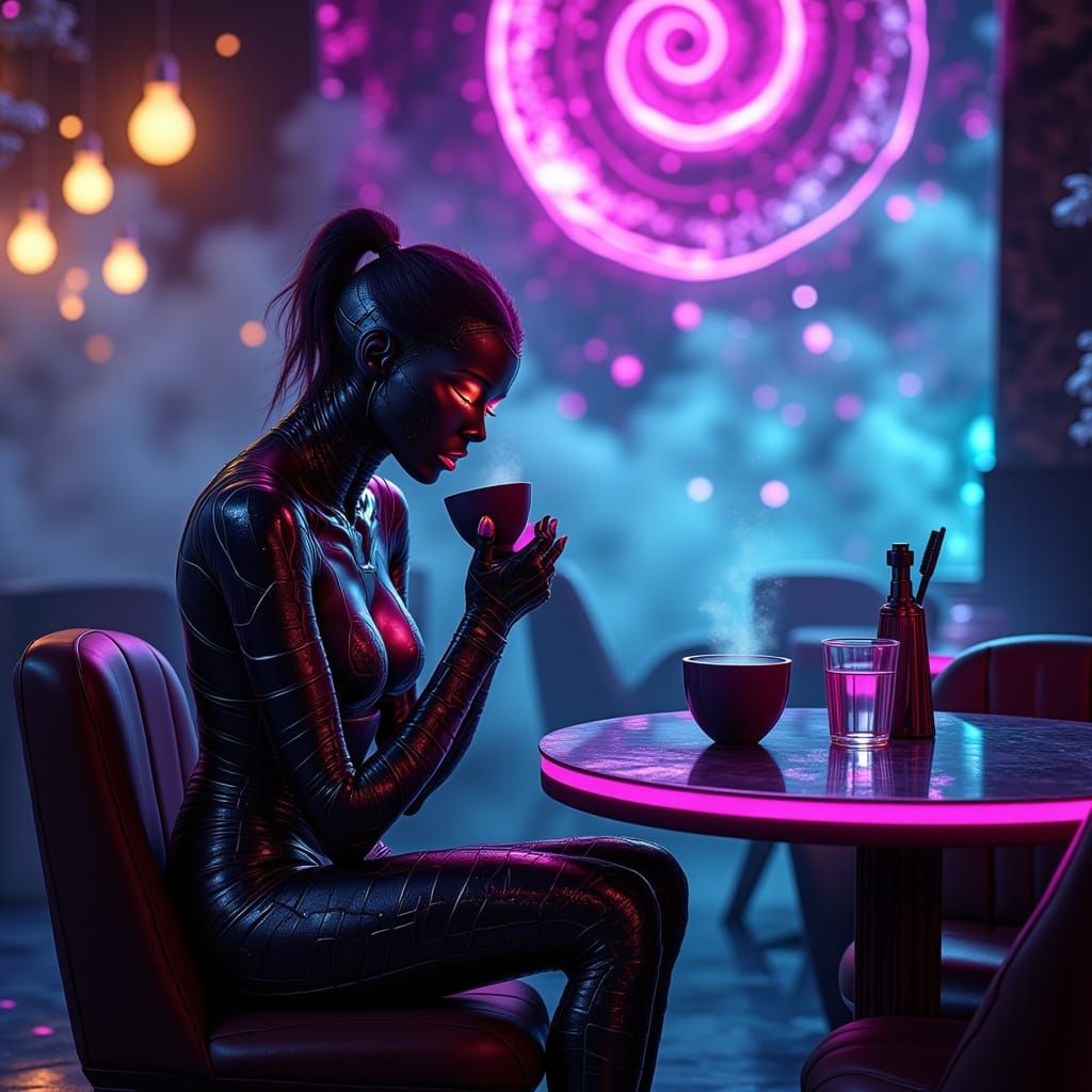 Cyberpunk Woman in Celestial Cafe