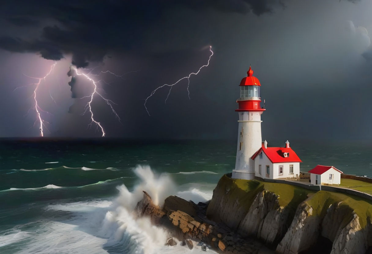 Lighthouse battered by a storm with rain and lightning.
