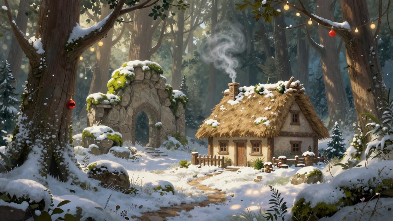 Cozy Christmas Cottage in Sun-Dappled Forest Clearing