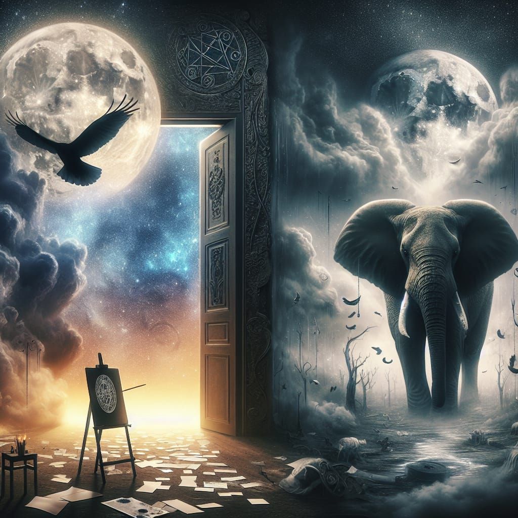 Dreamlike Landscape with Elephant and Celestial Moons