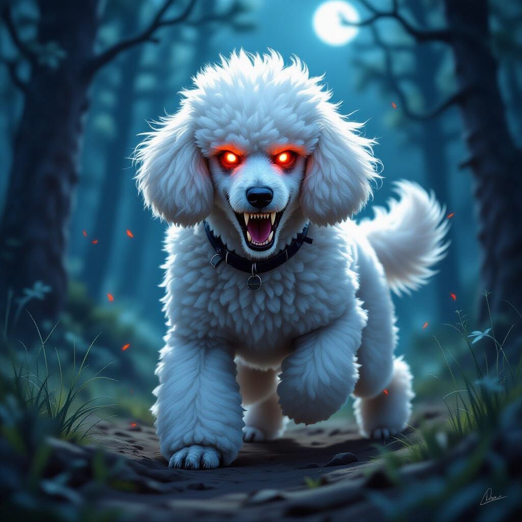 Werewolf Poodle Transformation in Moonlit Forest