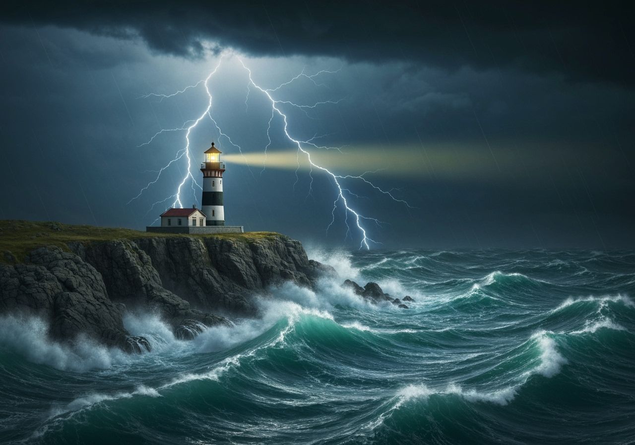 Lighthouse in Storm: Photorealistic Cinematic Film Still