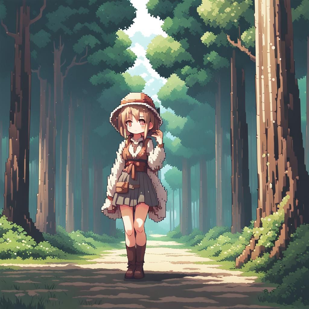 Beautiful Woman in Forest: Pixel Art Anime Style