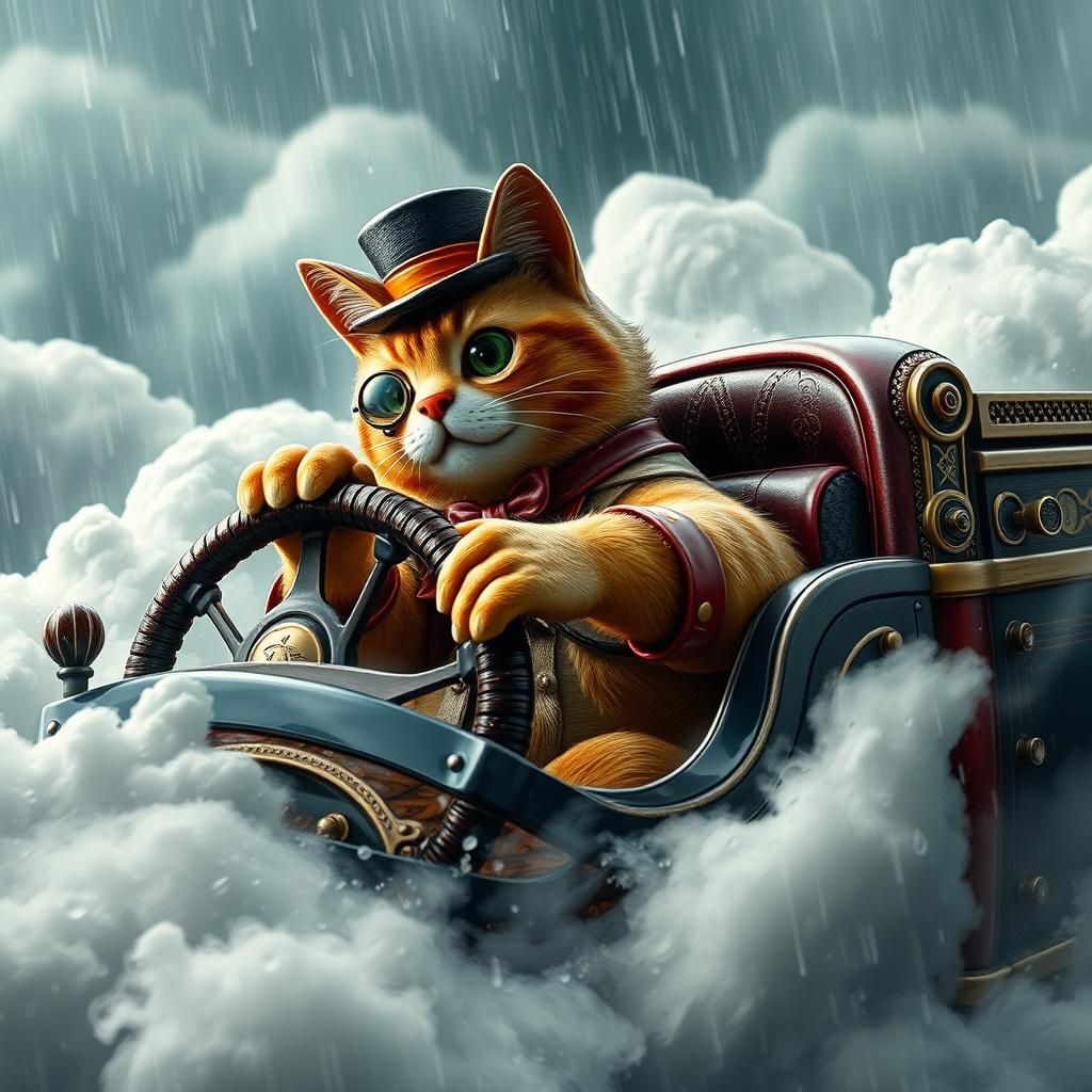 Glass Cat Figurine Drifting Truck in Rainstorm