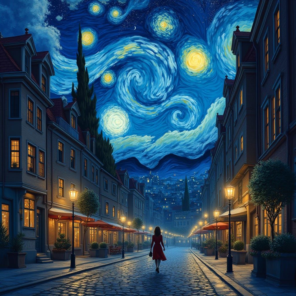 Surreal City Nightscape with Whimsical Stars and Clouds