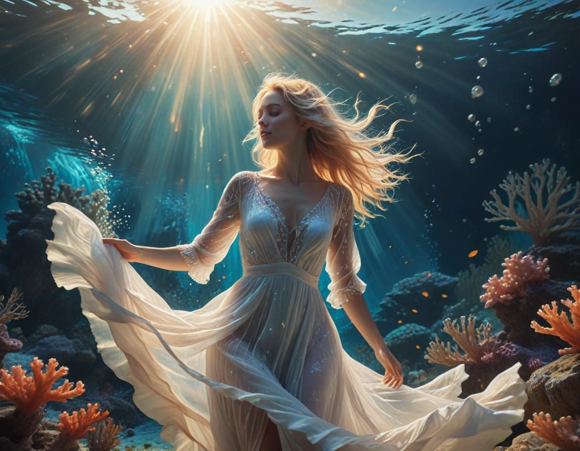 Ethereal Underwater Dance in Radiant Sunbeams