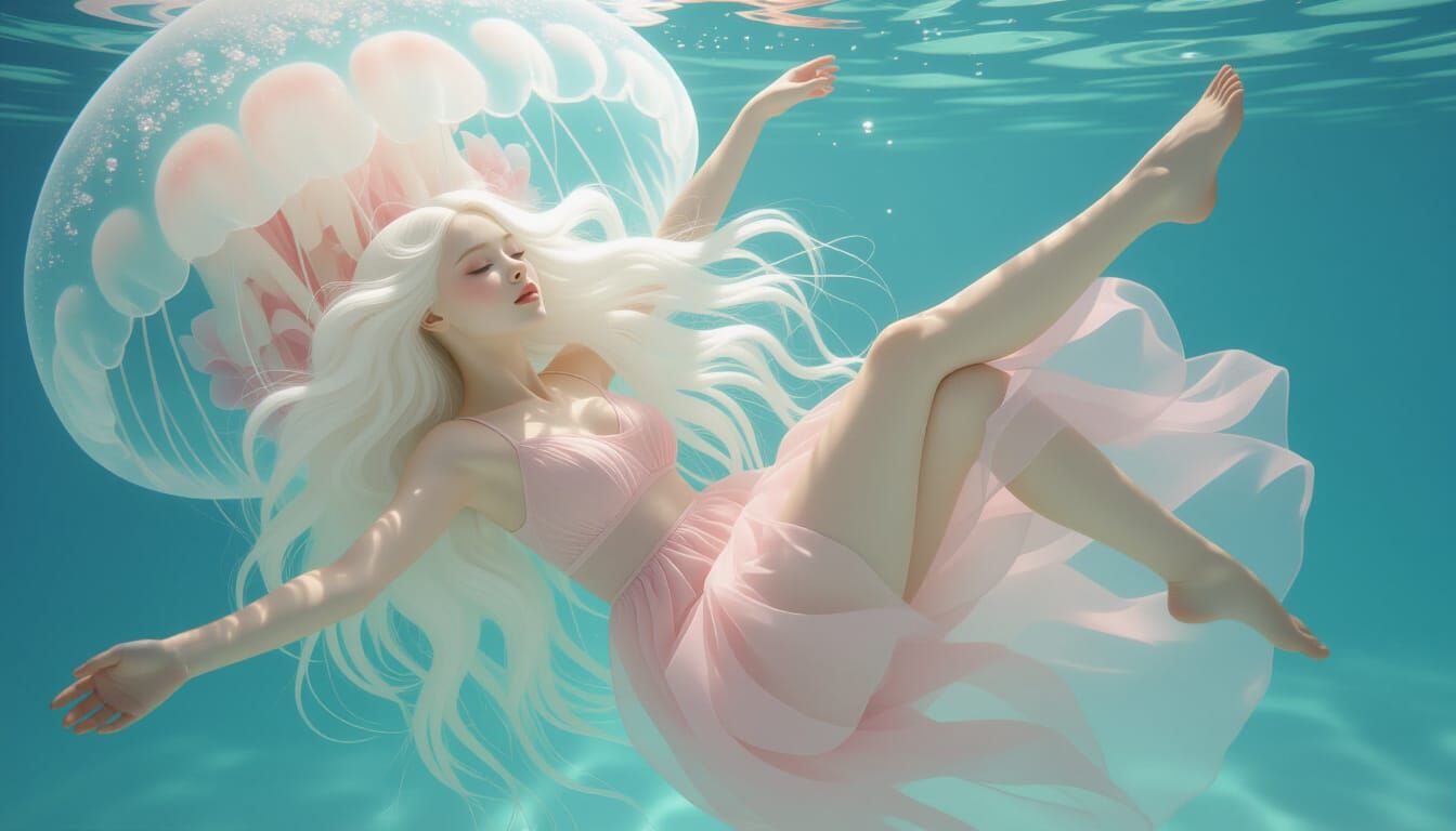 Albino Girl with Crystal Jellyfish in Dreamlike Style