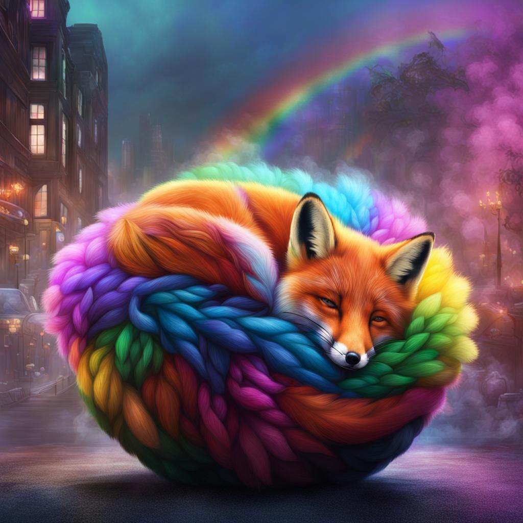 Fluffy Fox Sleeps in Rainbow City: Hyperdetailed Art
