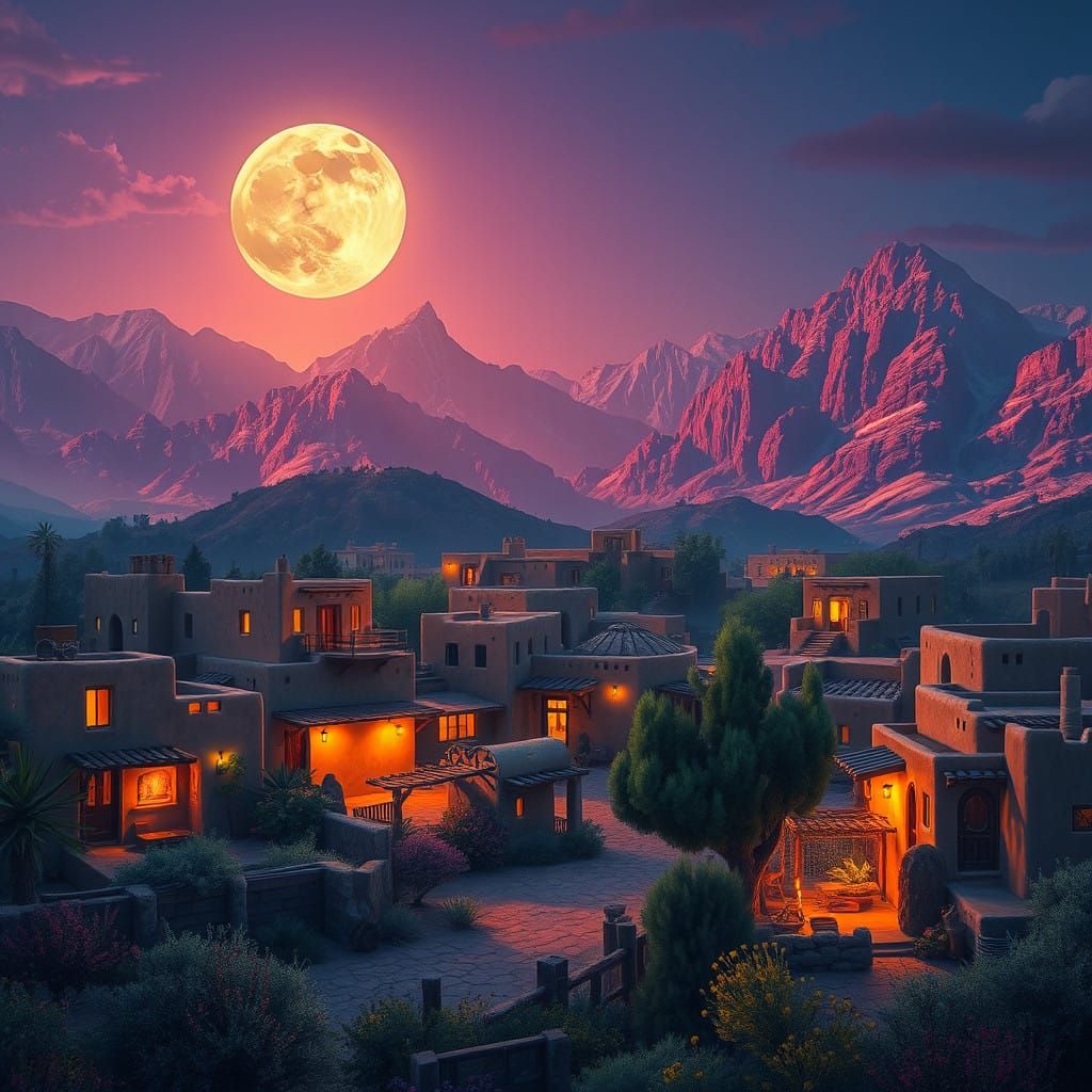 Dreamlike Pueblo Village Under a Full Moon