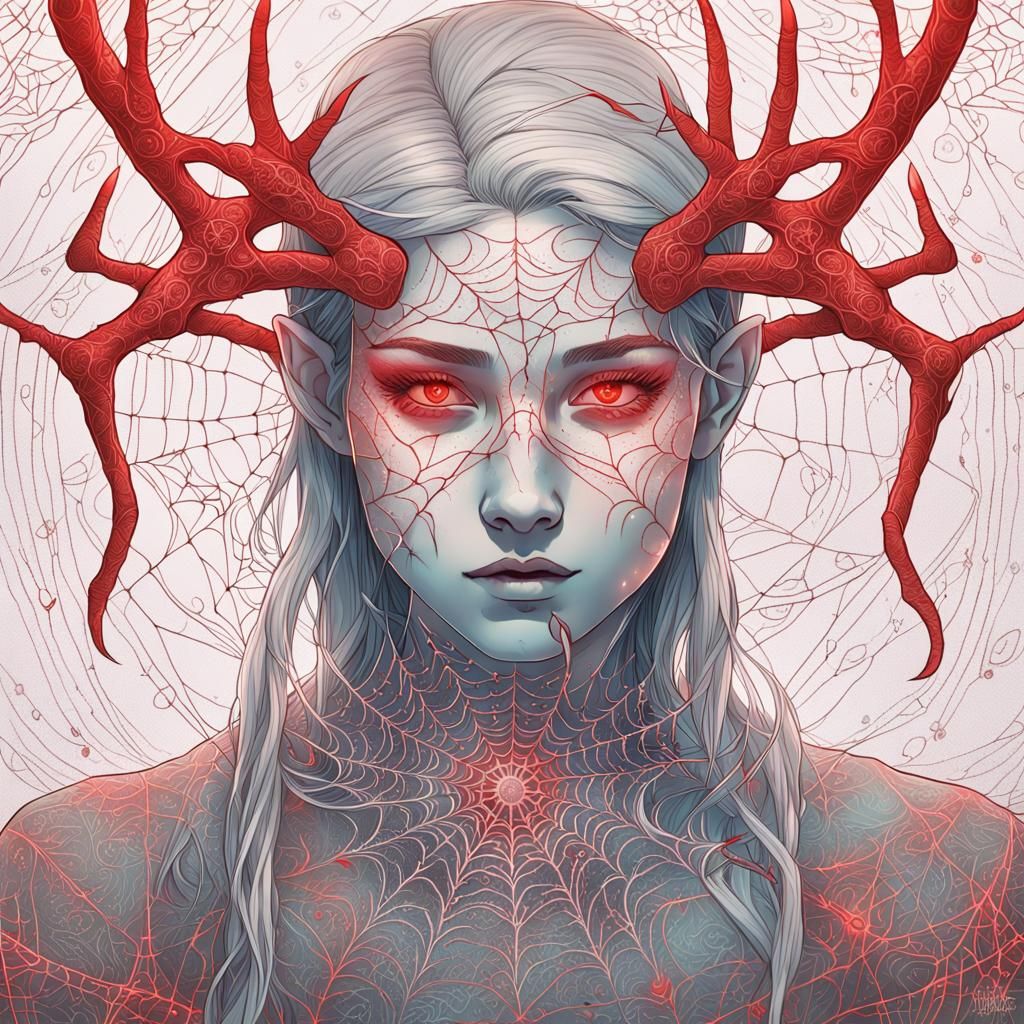 Elf with Spiderweb Suit in Bioluminescent Line Art