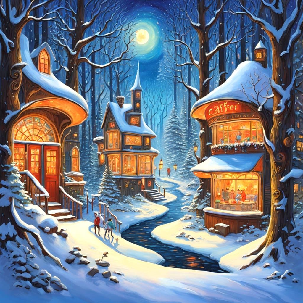 Fantasy Café in Winter Forest, Painterly Illustration