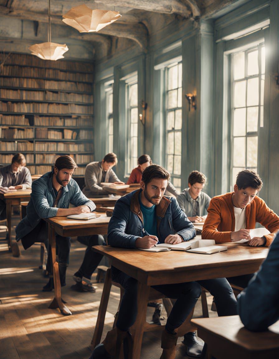 Young Men Studying in Sunlit Hallway