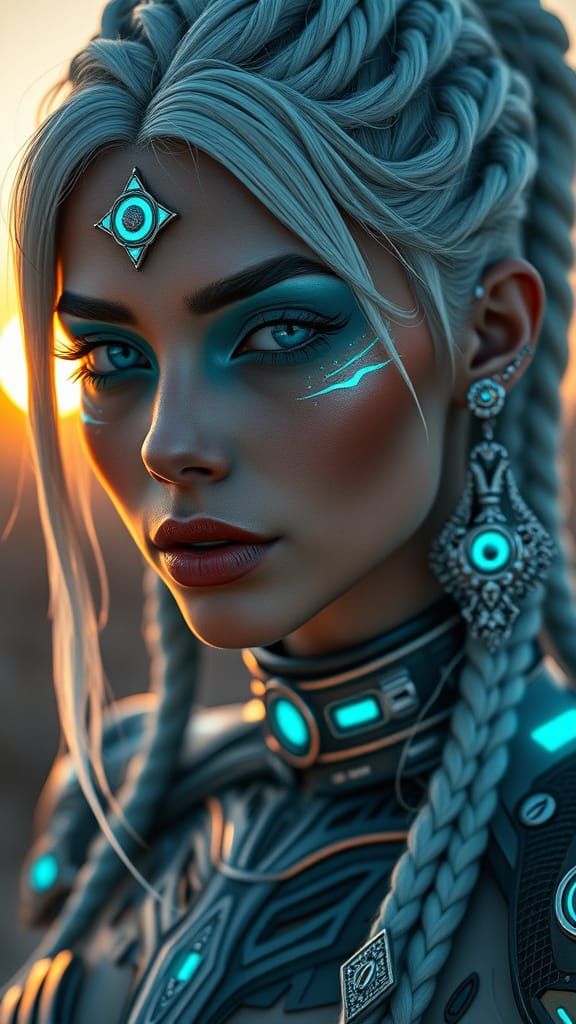 Cyberpunk Woman with Luminous Braids and Glowing Sigil