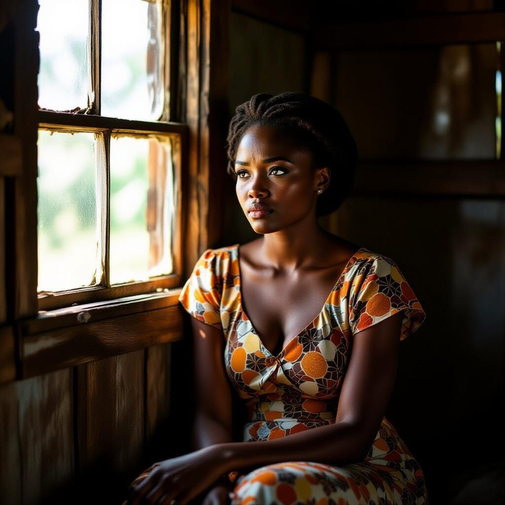 African Woman Longs in Rustic Cottage