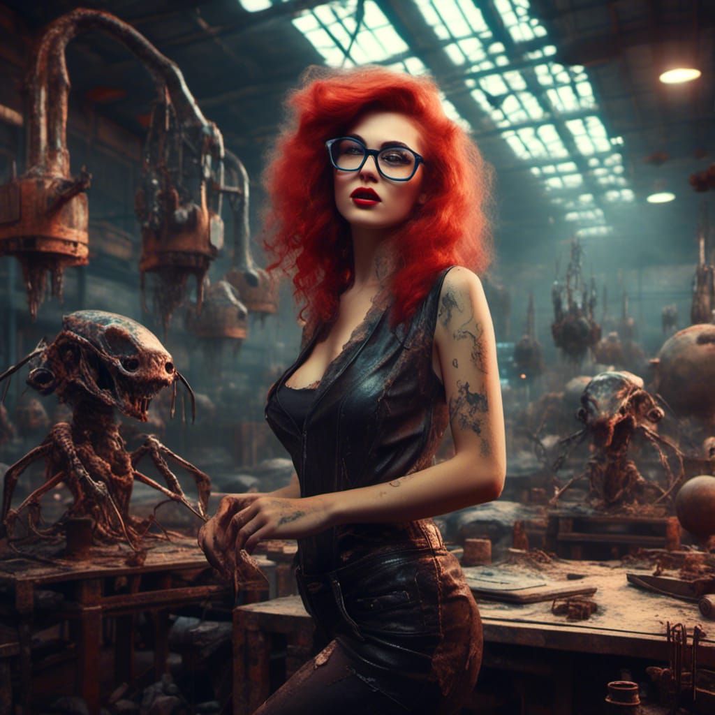 Pinup Girl in Garage with Alien Vehicles