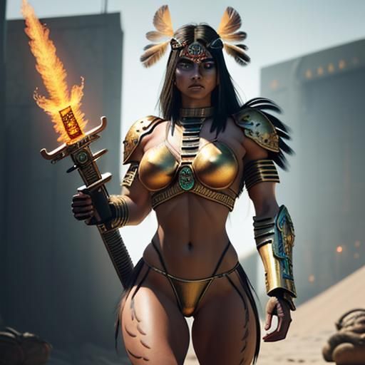 Aztec Warrior Woman in Cyberpunk Armor