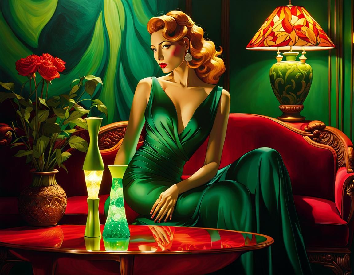 Woman with Lava Lamp in Toulouse Lautrec Style