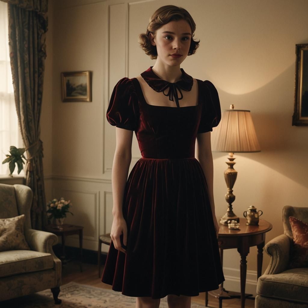 Boy Crossdressing in Velvet Dress, Cinematic Film Still