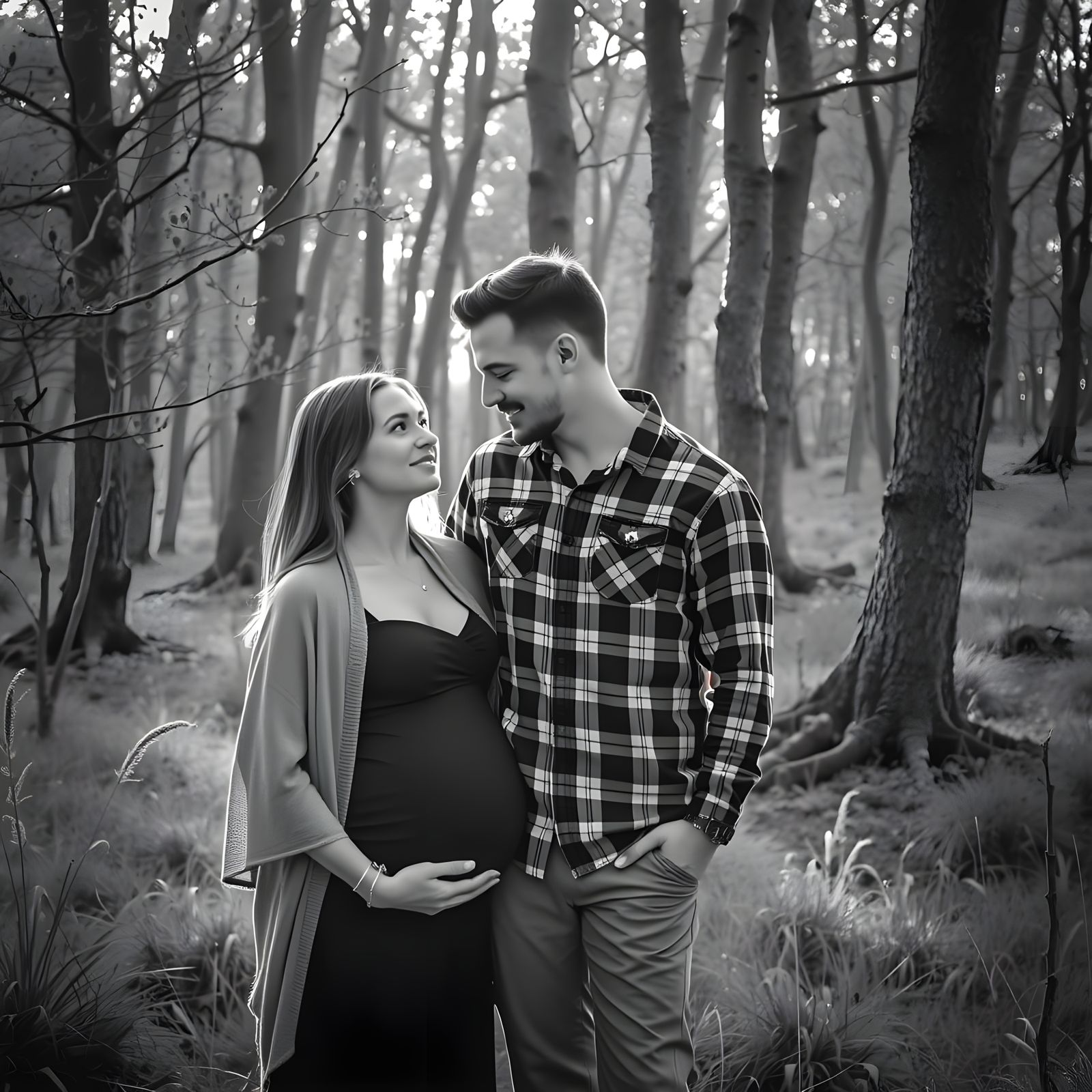 Beautiful Black and White Portrait of Expectant Parents in F...