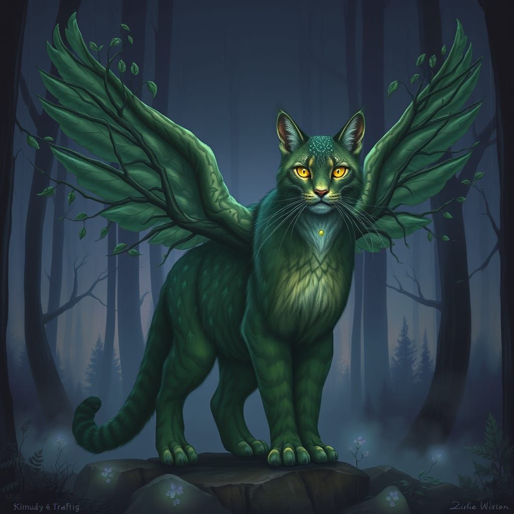 Mystical Green Bobcat with Tree Wings in Twilight Forest