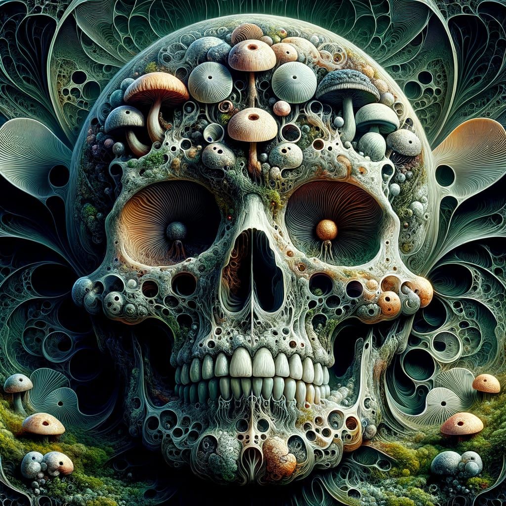 Surreal Skull with Mushrooms in Biomechanical Setting