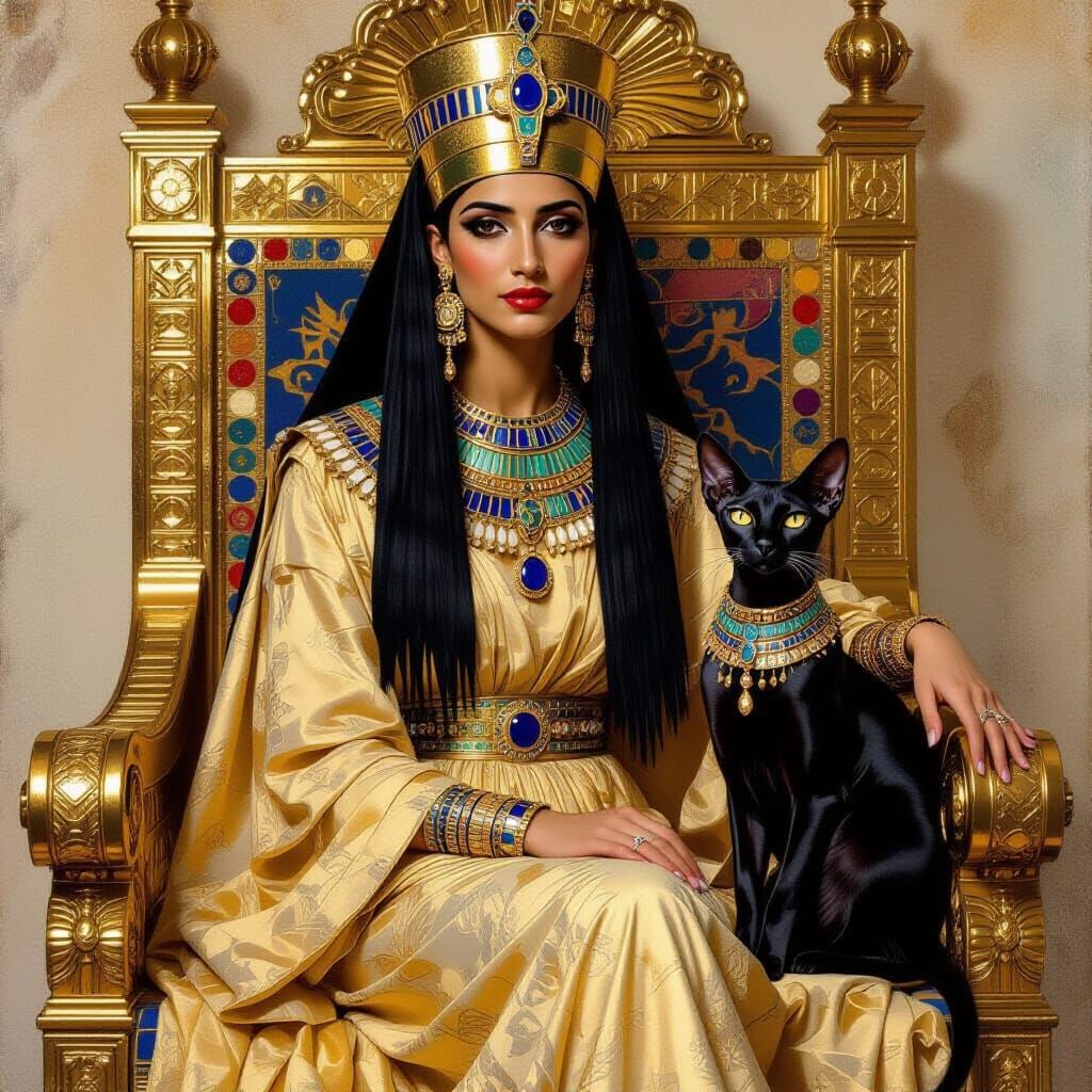 Egyptian Lady with Sphynx Cat, Art Nouveau Style