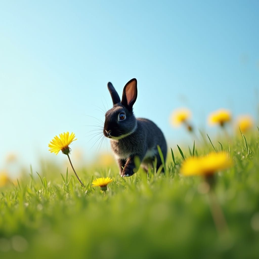 Black Rabbit Hops Up Grassy Hill in Realistic Photo