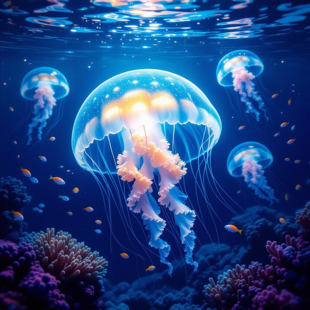 Bioluminescent Jellyfish in Deep Ocean Waters