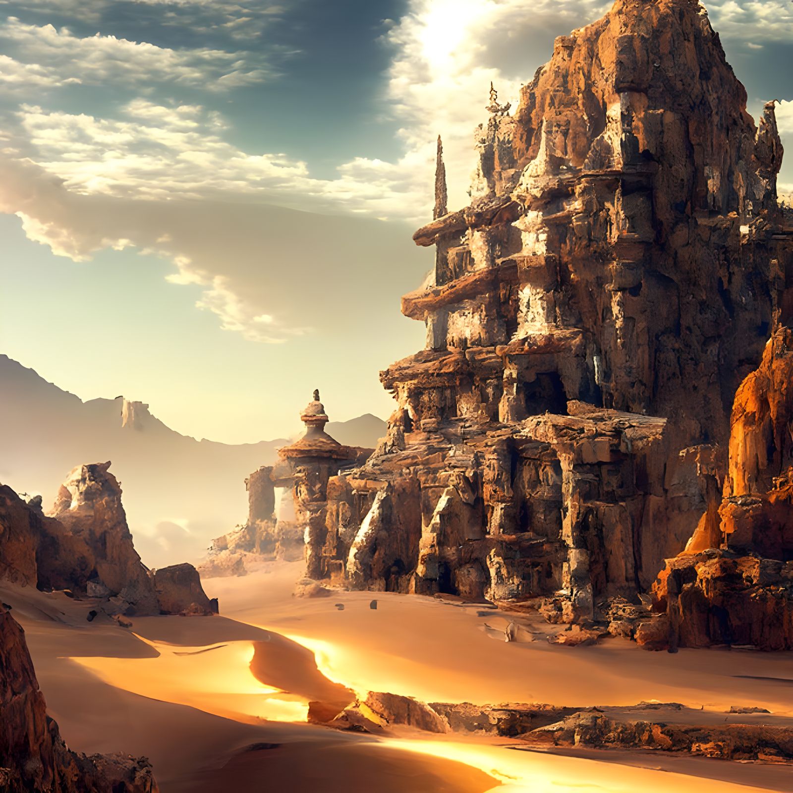 Hyperrealistic Desert Temple Landscape in Matte Painting Sty...