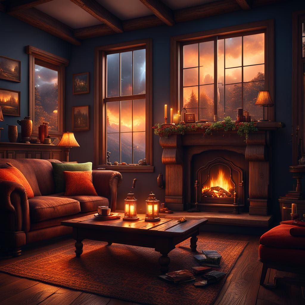 Cozy Living Room with Fireplace: Matte Painting