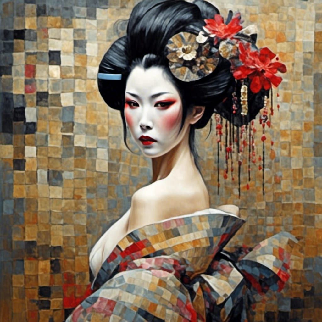 Cubist Geisha Portrait in Dark Style
