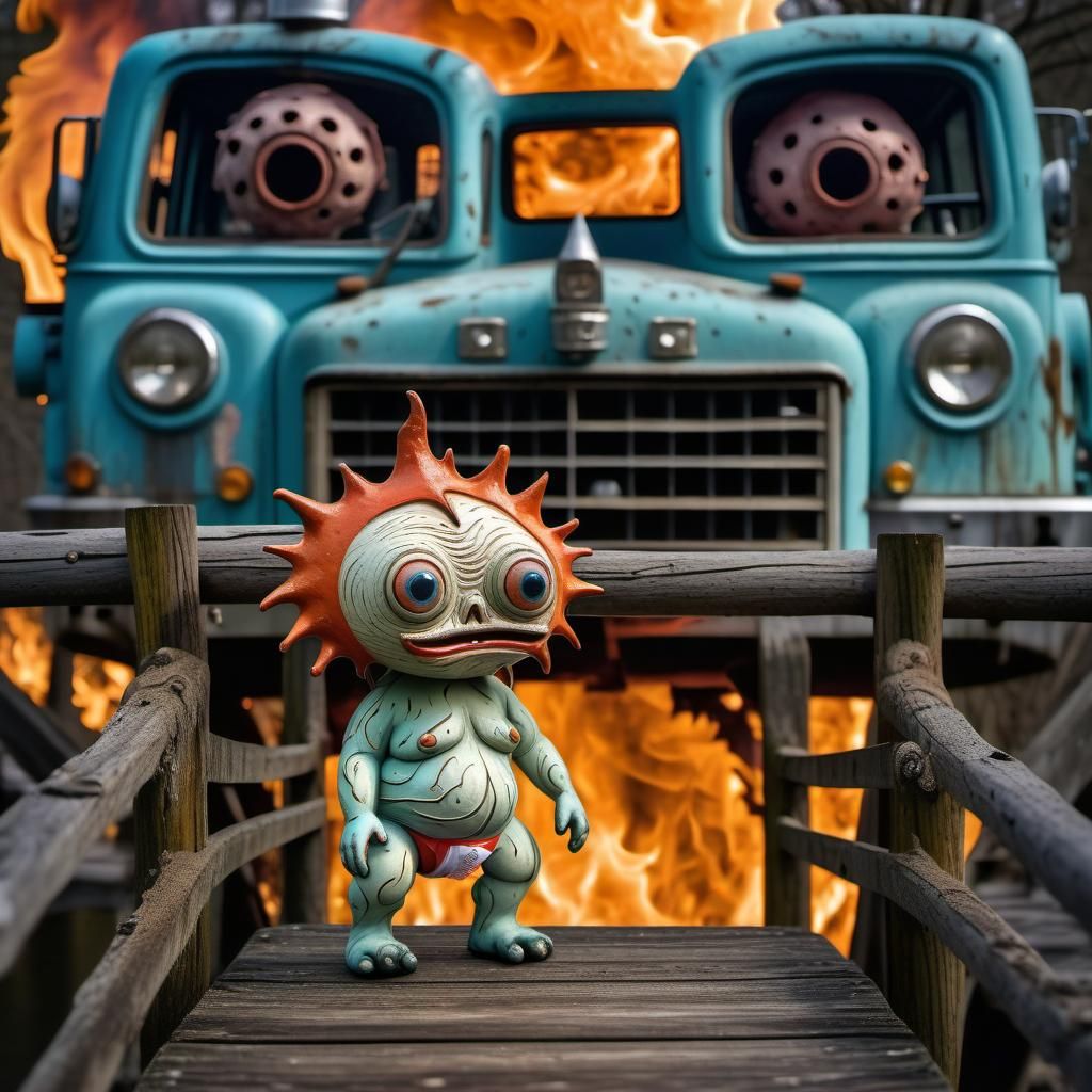 Chibi Monster in Anguish on Twisted Bridge in Surreal Style