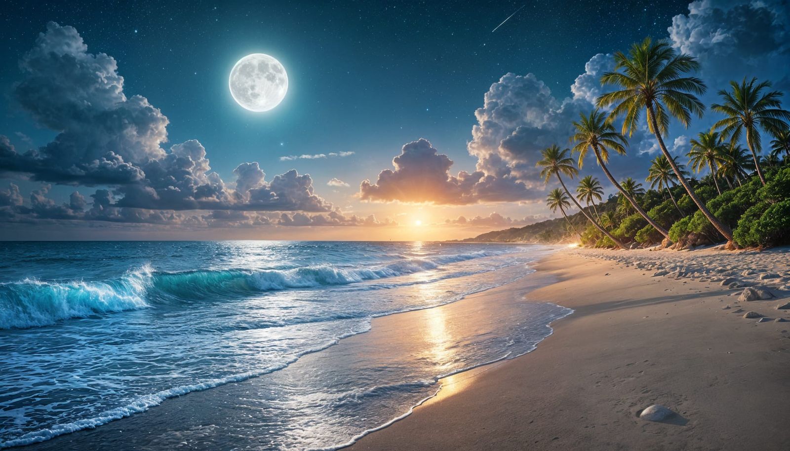 Moonlit Beach with Bioluminescent Waves and Starry Sky