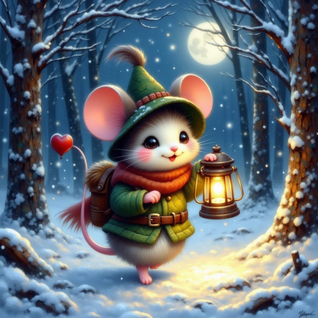Adventurous Mouse in Robin Hood Costume in Snowy Forest