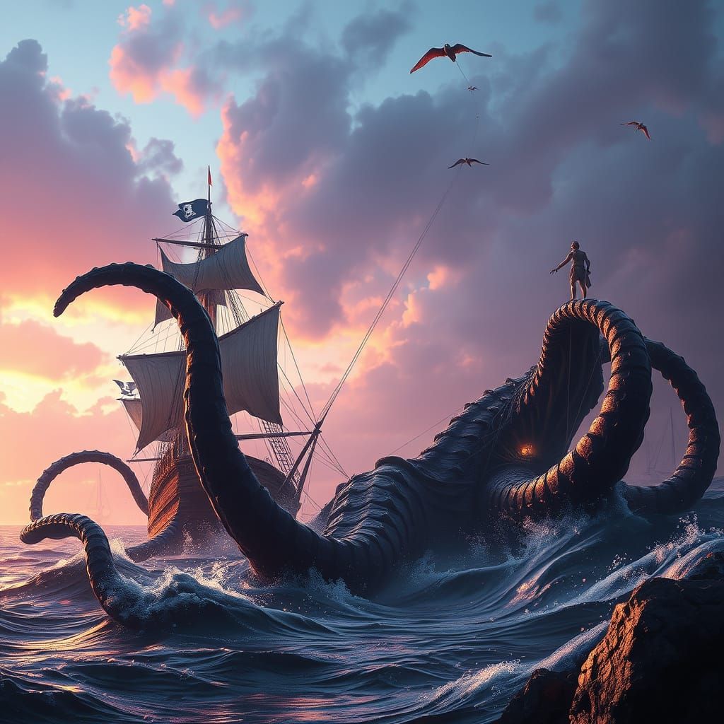 Cyberpunk Dark Fantasy Masterpiece Depicts Kraken's Fury