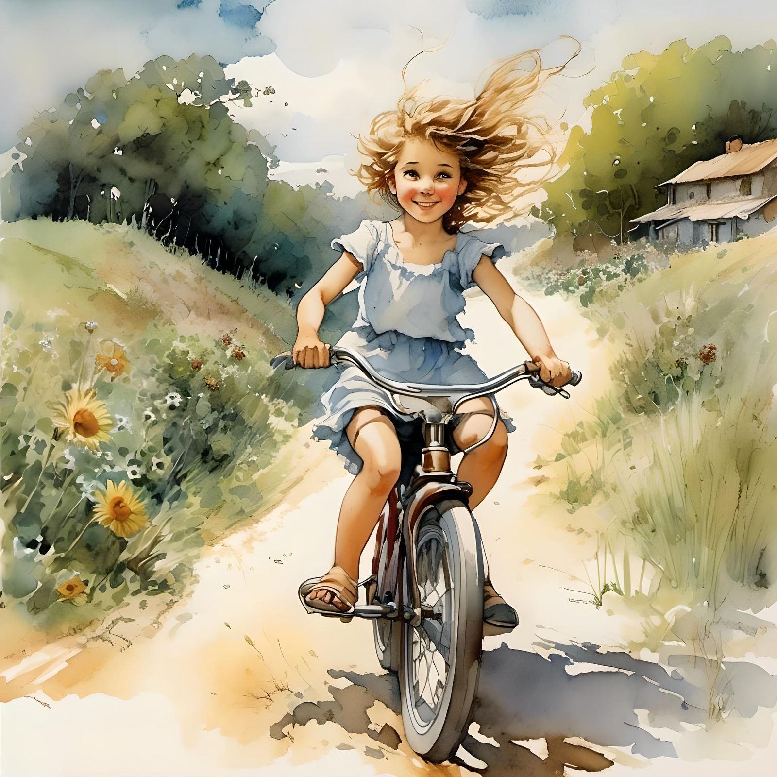 Children's Bike Ride, Watercolor Painting