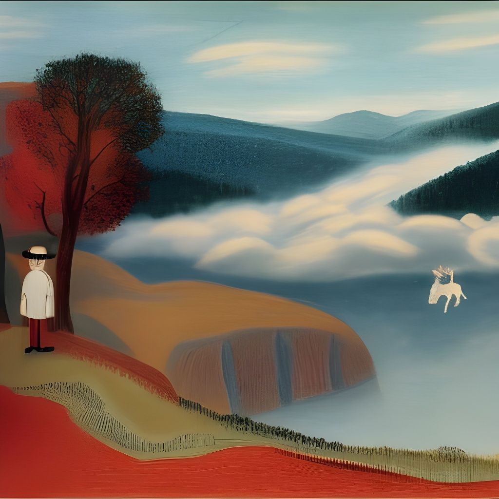 Wanderer Above the Sea of Fog in Naive Art Style